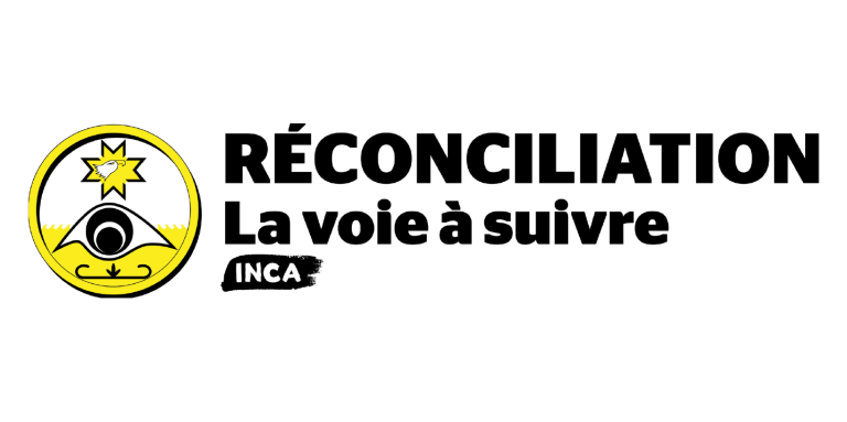 Icône de la réconciliation d’INCA. Une illustration graphique représentant un œil stylisé à l’intérieur d’un anneau ou d’un cercle. Texte: Réconciliation – La voie à suivre 