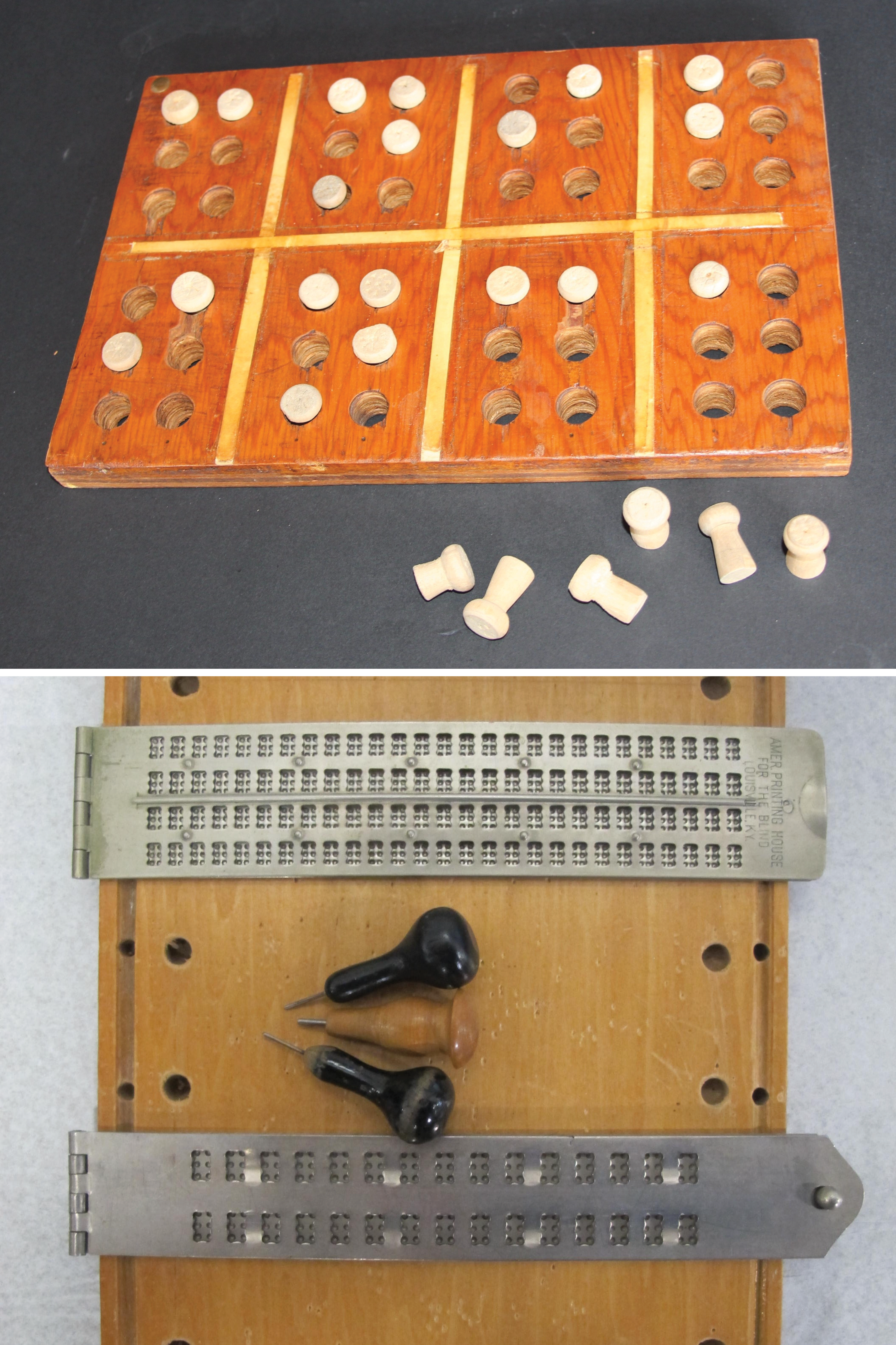 Top: A Braille teaching tool. A handmade wooden board with two rows of 6 dot braille cells and wooden pegs.  Braille in this photograph reads CNIB on the top row and INCA on the second row. Bottom: A Braille slate and stylus. 
