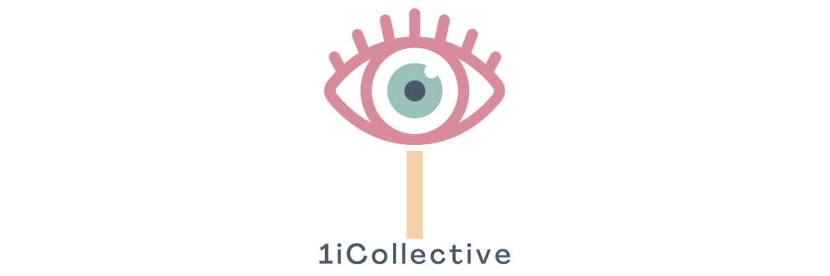 Le logo de 1iCollective Illustration d’un œil avec un contour rose et un iris bleu. Sous l’œil se trouve une ligne verticale de couleur pêche et le texte : 1iCollective.
