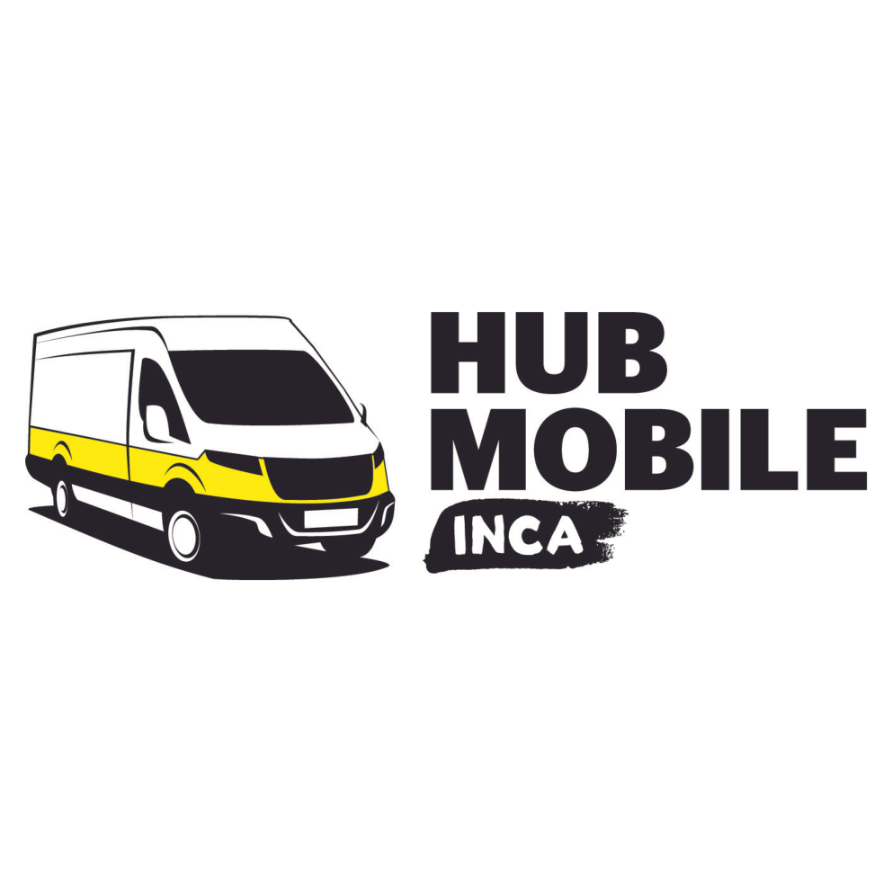 Logo du Hub mobile d'INCA. Icône d'une fourgonnette aux couleurs d’INCA. Texte : Hub mobile d'INCA.