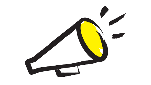 Illustration d’un mégaphone dont le contour est tracé au pinceau noir avec accents jaunes.
