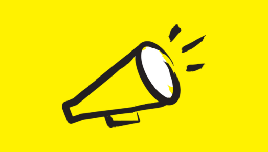 An illustration of a megaphone outlined in a black paintbrush-style design with white accents on a yellow background.