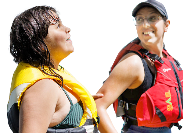 A camper shares a laugh with a camp counsellor
