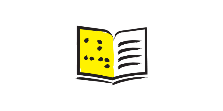 An illustration of a braille book icon outlined in a black paintbrush style design with yellow accents.