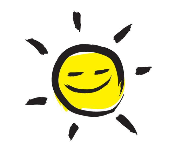 An illustration of smiling sunshine outlined in a black paintbrush-style design.