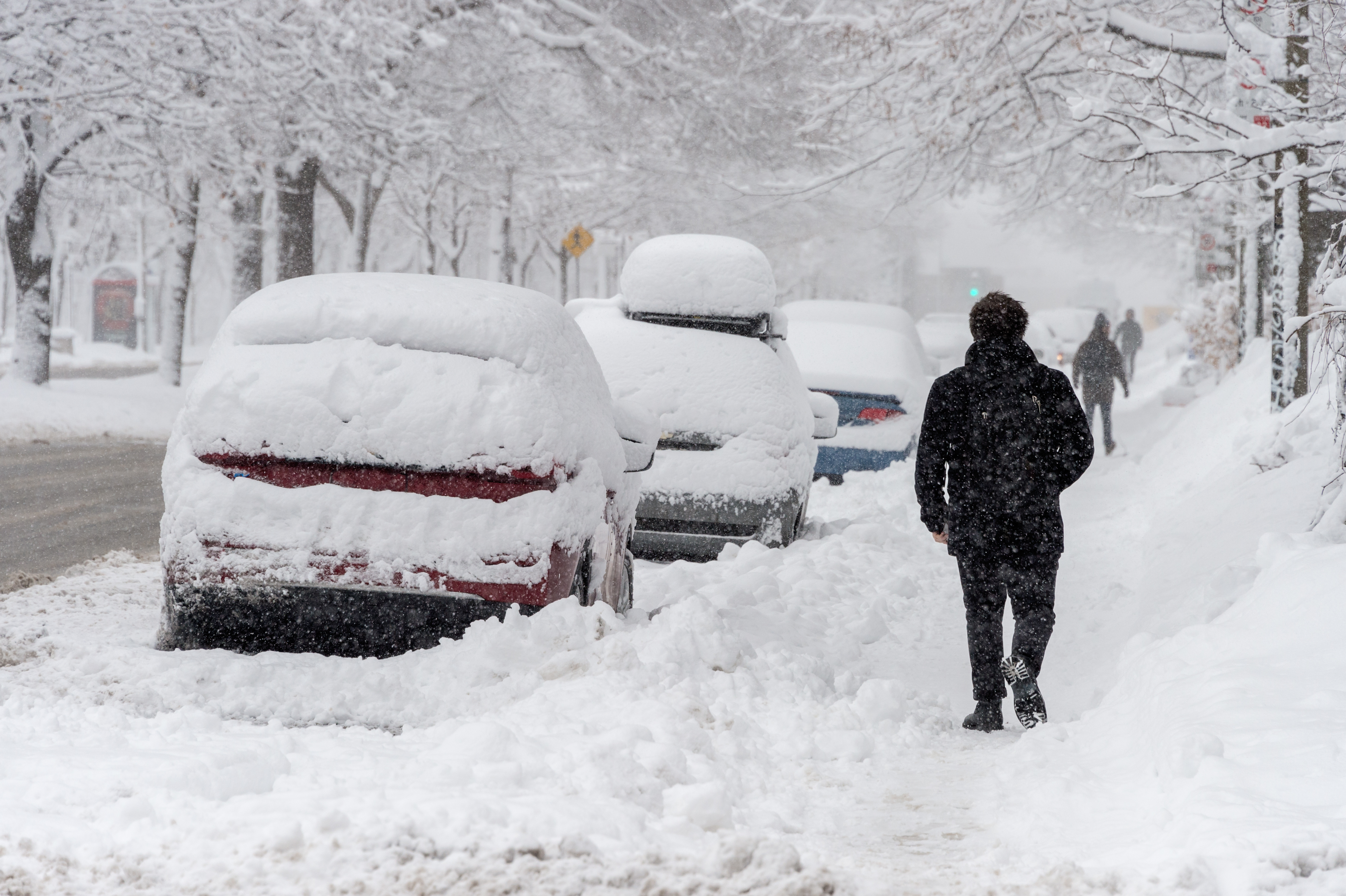 A residential street, sidewalks, and parked cars are covered in snow. A man walks down a snow-covered sidewalk.In the bottom left-hand corner of the image, there is a yellow banner overlay with the text “SnoWay!”