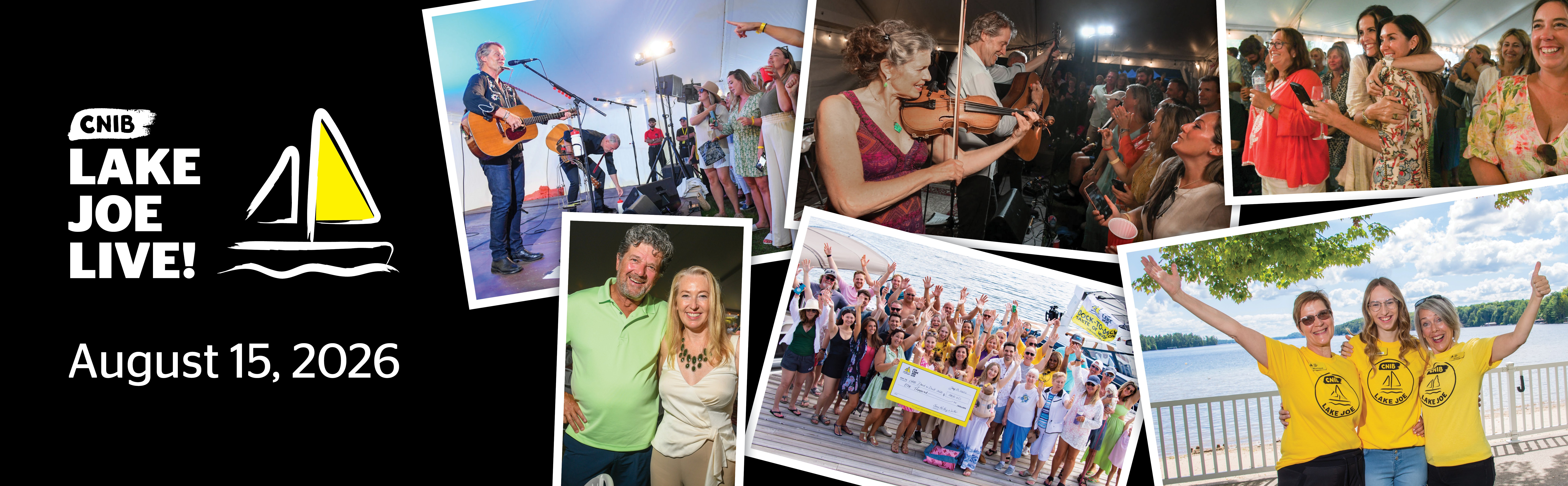 Lake Joe Live logo featuring a sailboat alongside the date "August 15, 2026" and scattered photos from previous Lake Joe Live events