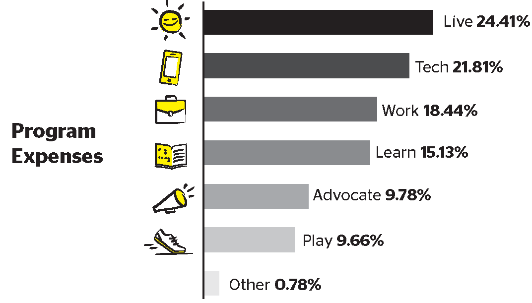 Horizontal bar chart showing the distribution of program expenses. Live programs account for 24.41% of expenses, followed by Tech (21.81%), Work (18.44%), Learn (15.13%), Advocate (9.78%), and Play (9.66%). Other expenses represent 0.78%. Live programs have the highest proportion of spending.