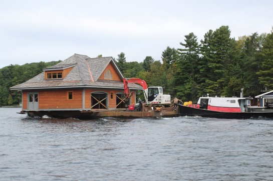 The boathouse being installed on the lake at CNIB Lake Joe.