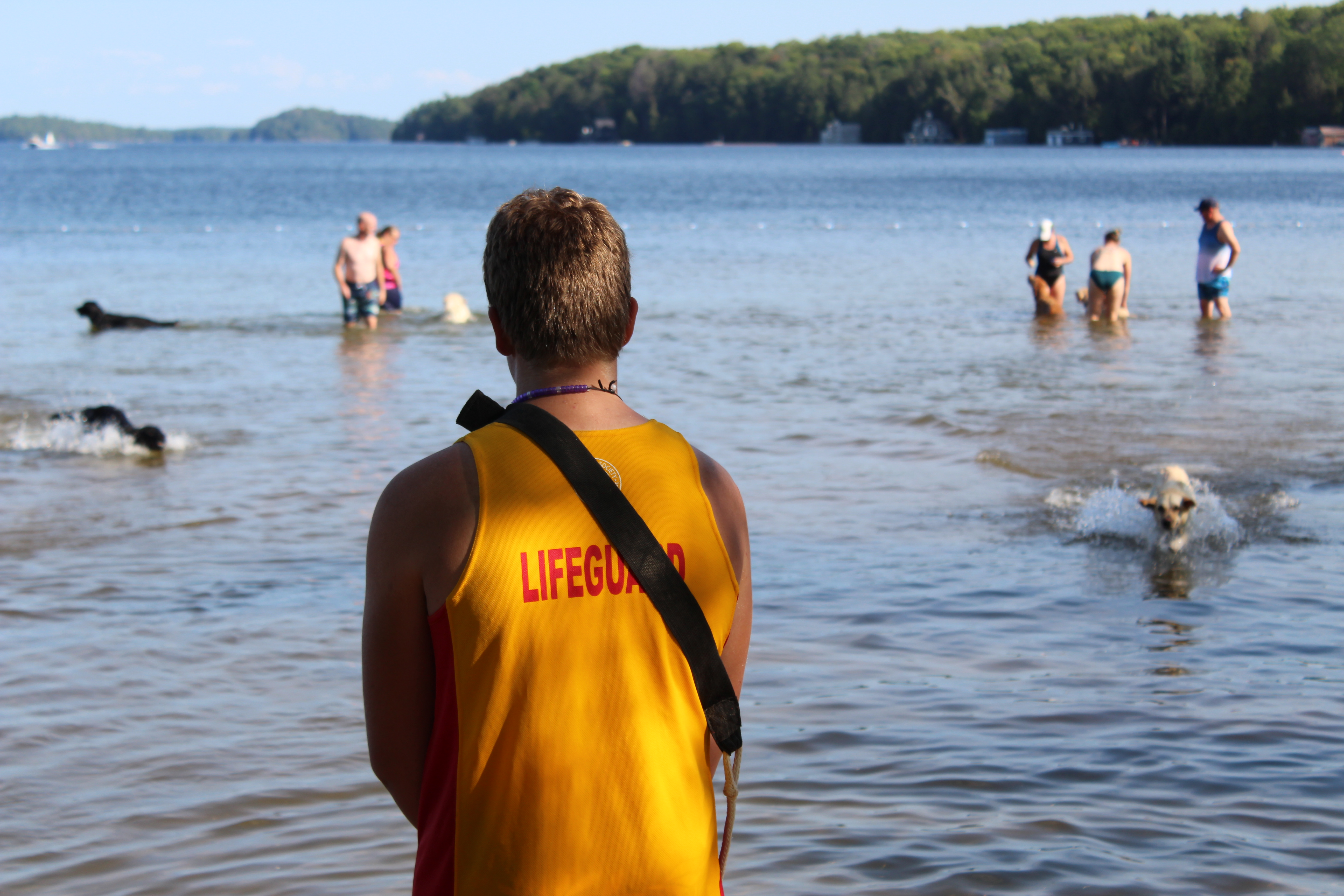 An image of a lifeguard standing infront of the lake