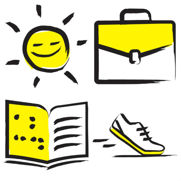 Yellow and black icons including a sun, a briefcase, a shoe and a braille book 