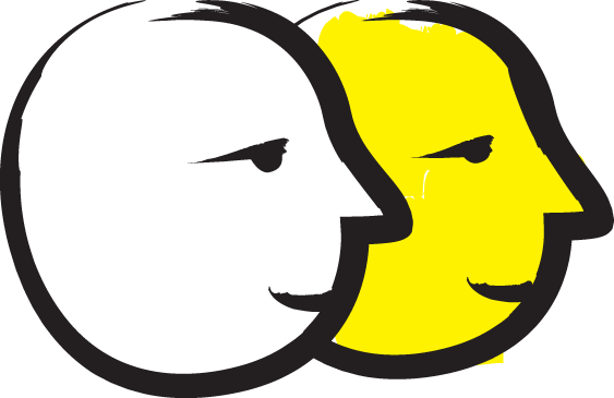 A yellow and black icon featuring two faces 