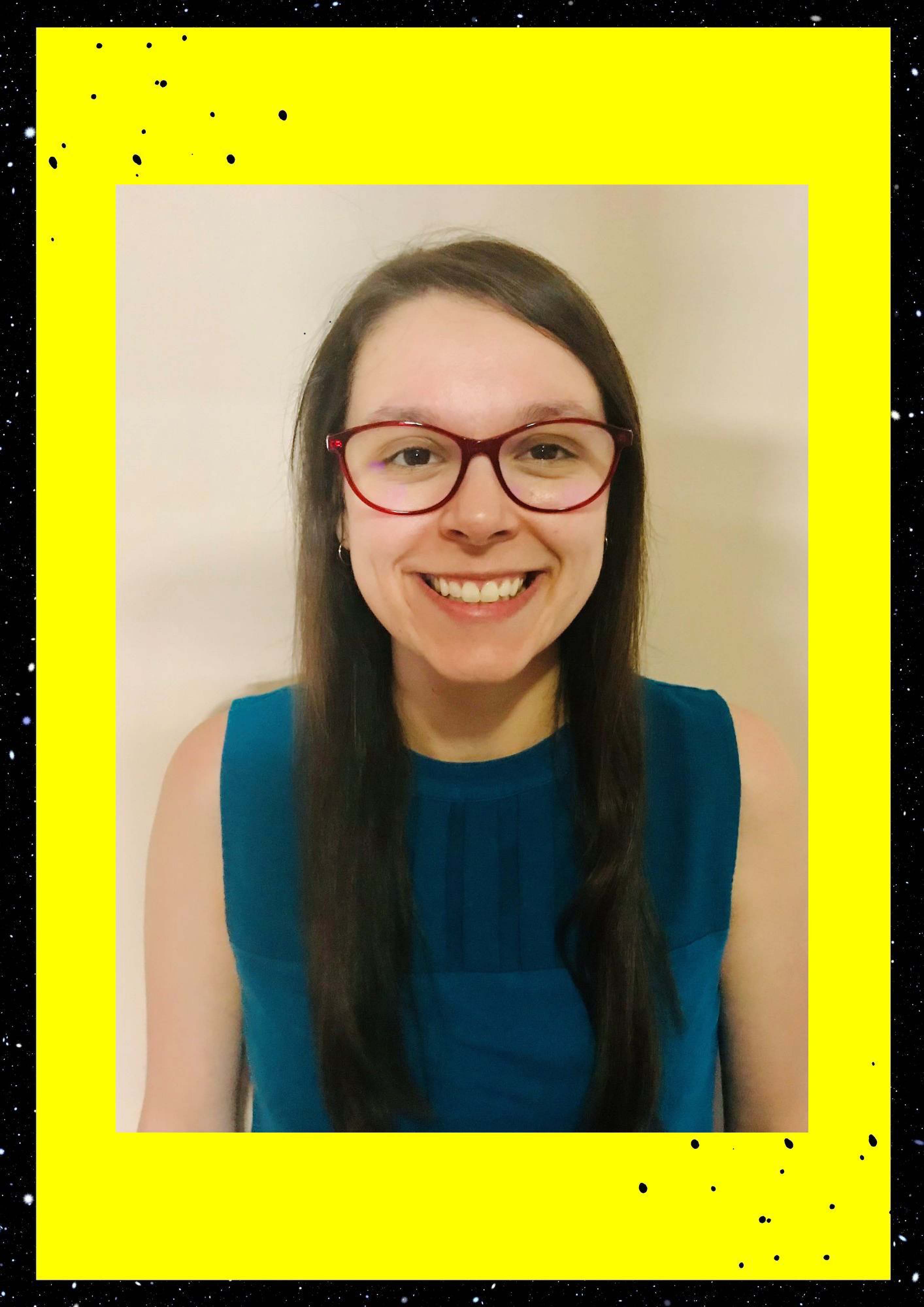 Danica smiles for a professional headshot. The headshot photo is outlined in a bright yellow frame. 