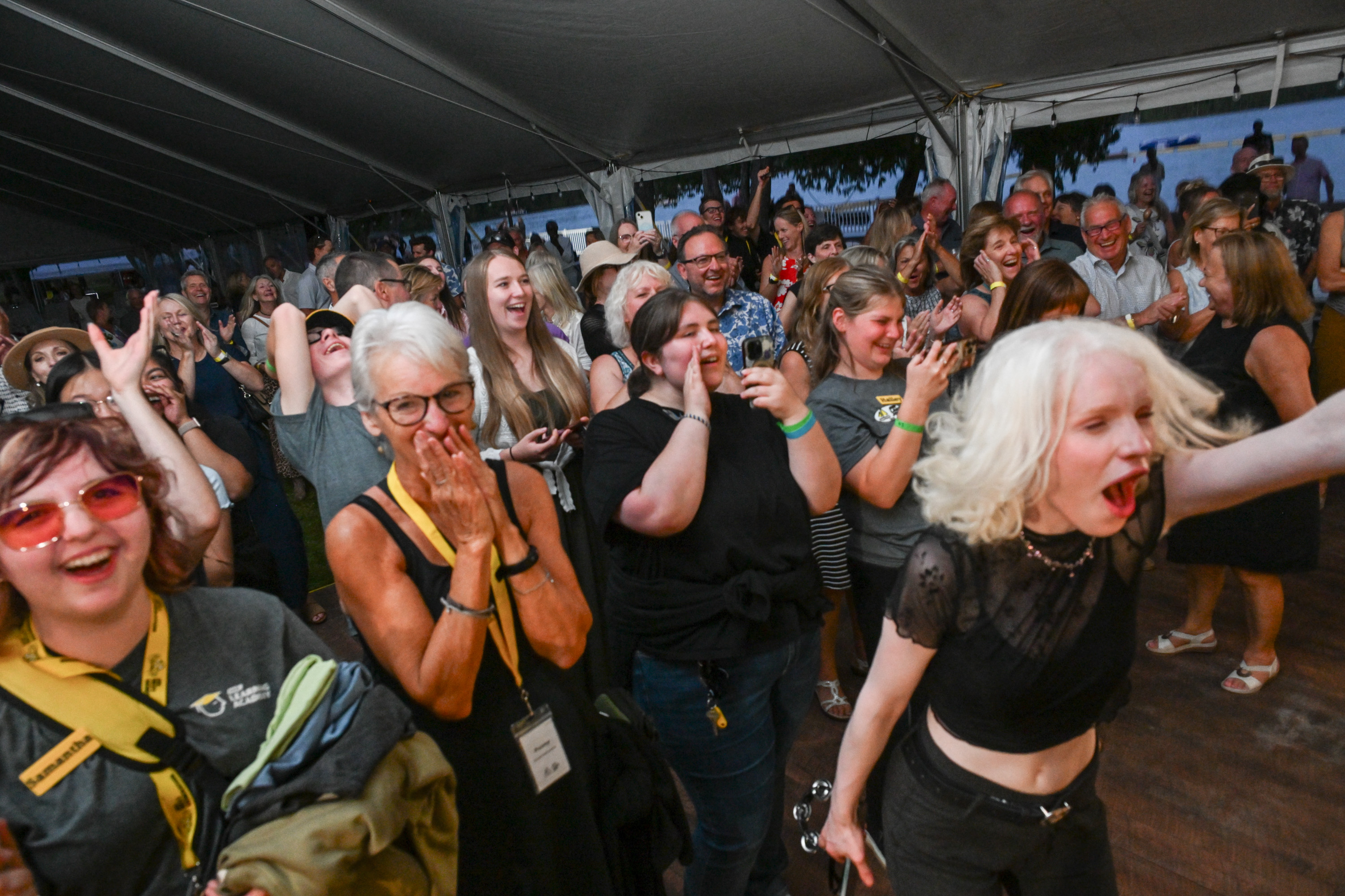 People cheering and dancing at Lake Joe Live