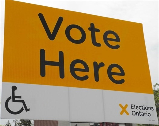 Vote Here sign with wheelchair symbol and Elections Ontario logo.