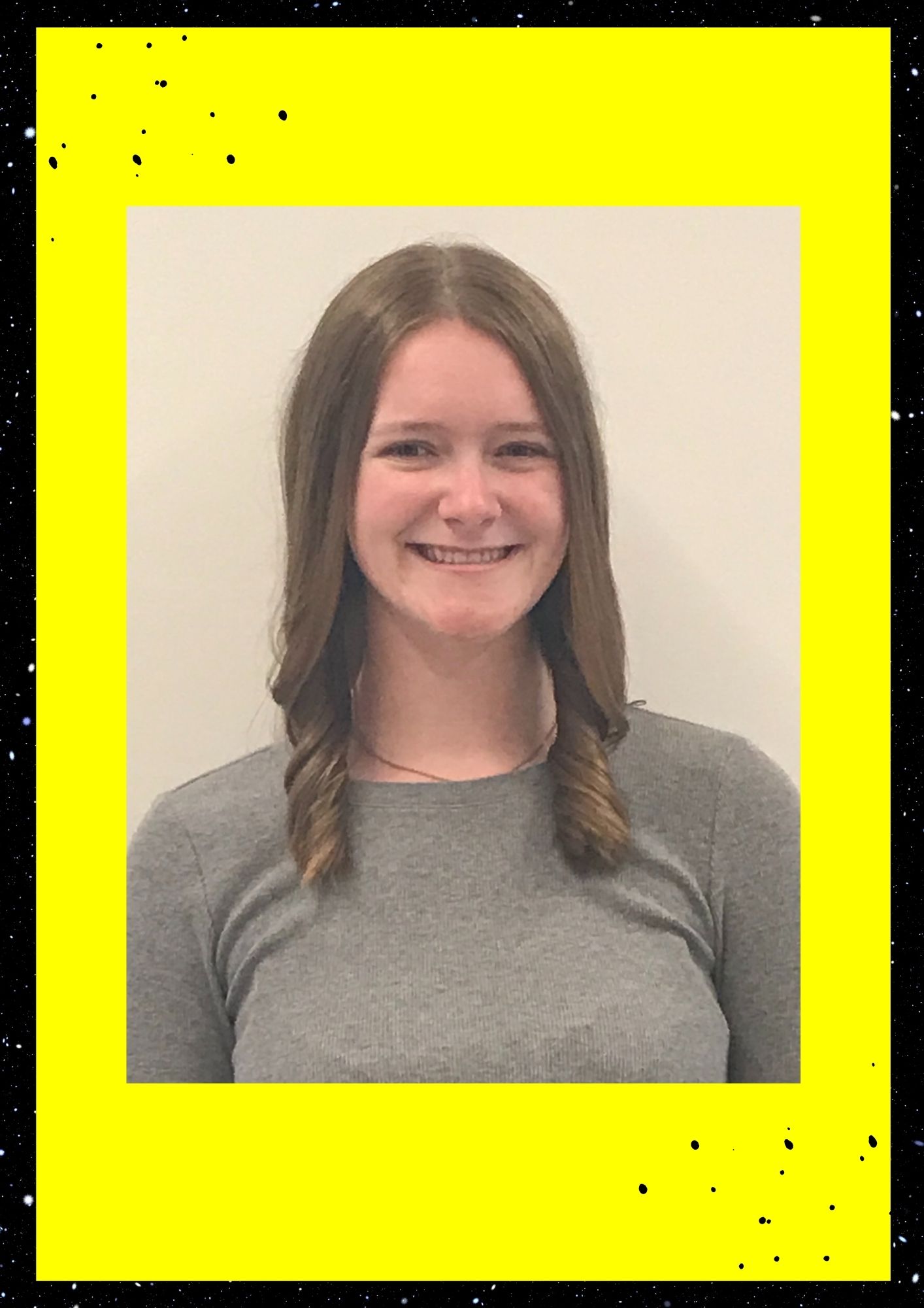 Emilee smiles for a professional headshot. The headshot photo is outlined in a bright yellow frame. 