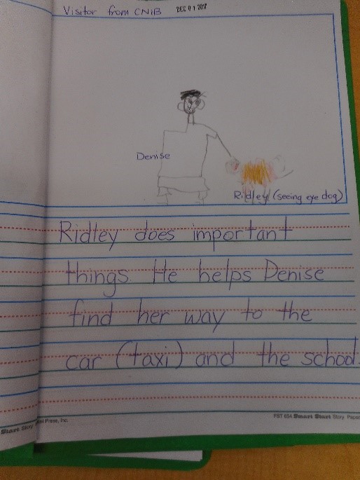 A student's journal entry about guide dogs. It reads: Ridley does important things. He helps Denise find her way to the car (taxi) and the school.