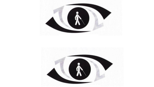 An illustration of two eyes on white background. Inside each pupil is an illustration of a person with a white cane. 