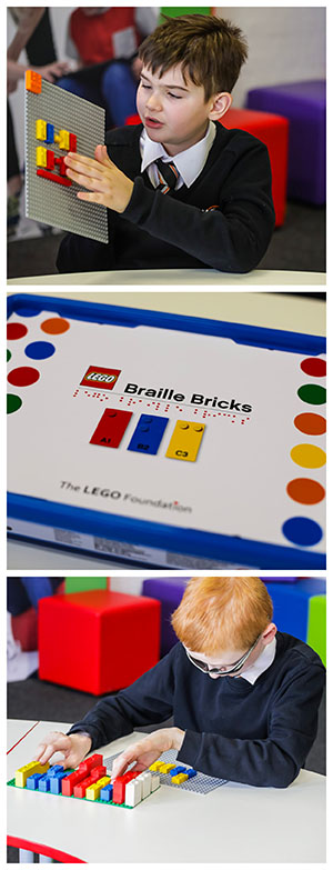 Various images of LEGO Braille Bricks and children who are blind playing with them
