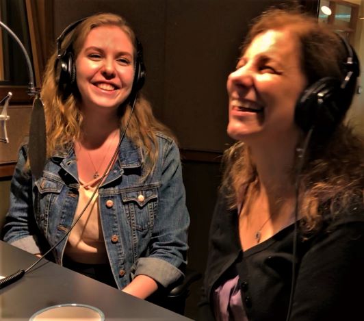 Entrepreneur Pina D'Intino laughs with CNIB's Jacklyn Gilmor as they record a podcast in the CNIB studio
