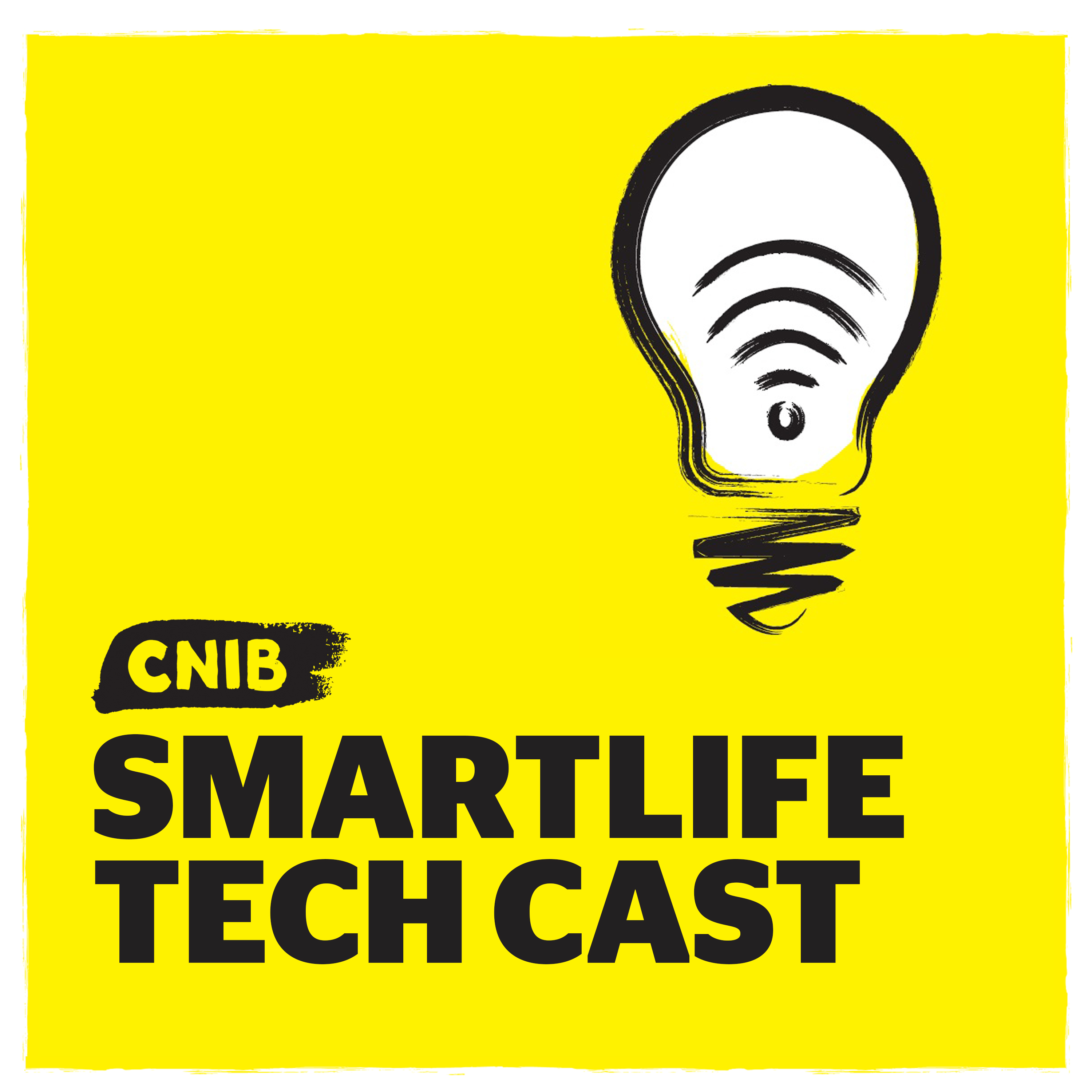 CNIB SmartLife Tech Cast logo. An illustration of a  light bulb icon on yellow.
