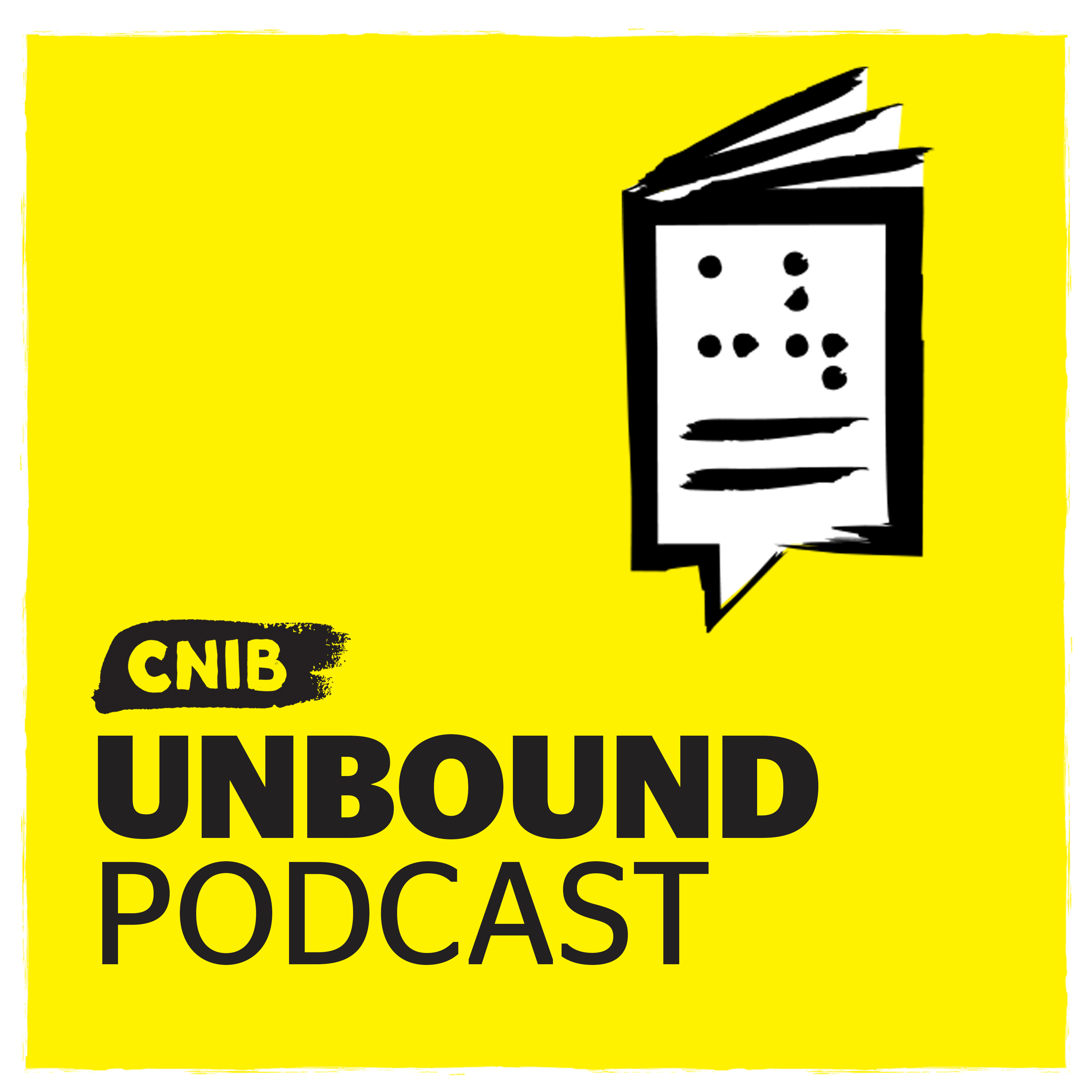 CNIB Unbound logo.  An illustration of a braille book with a speech bubble icon on yellow.