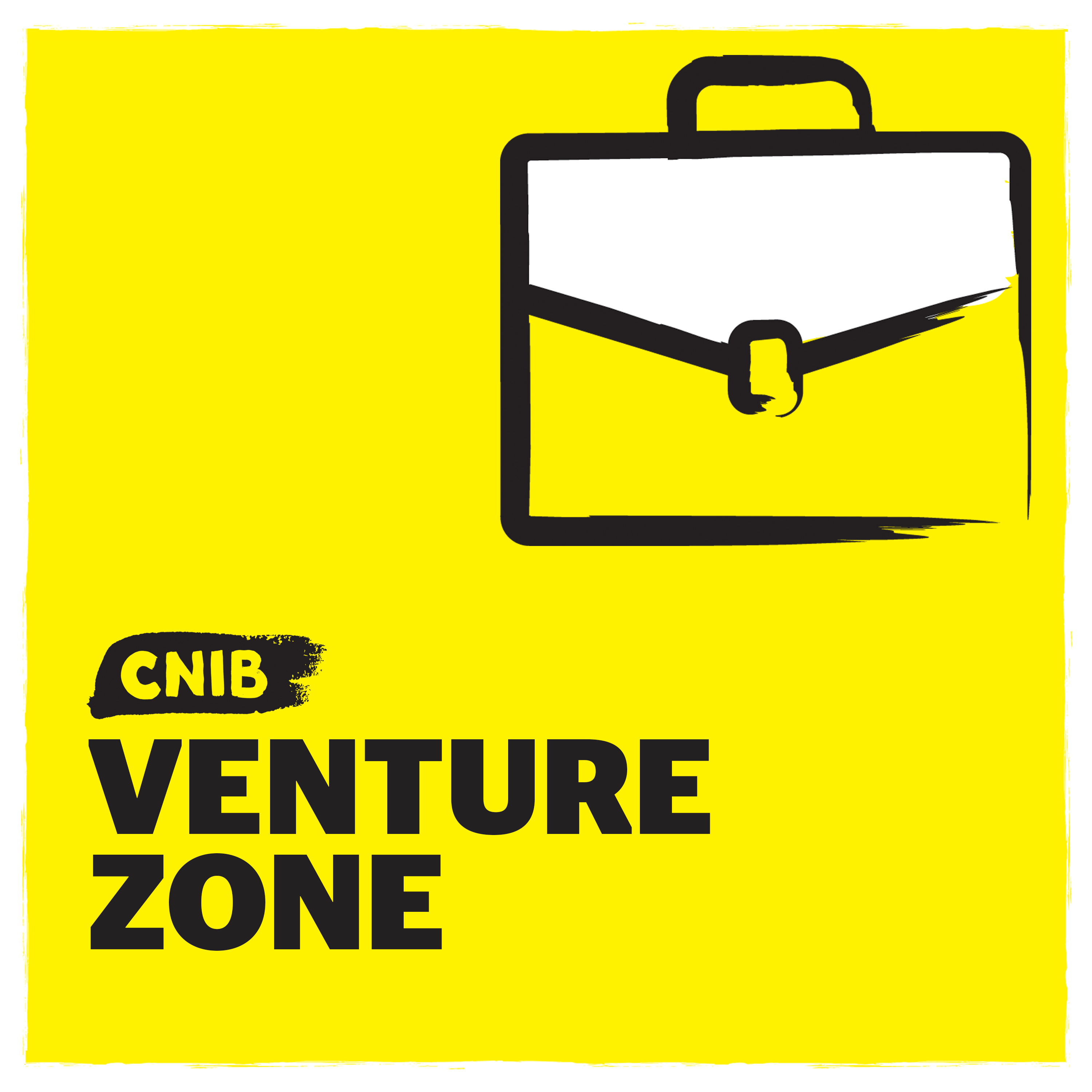 CNIB Venture Zone logo. An illustration of a briefcase on a yellow background. 