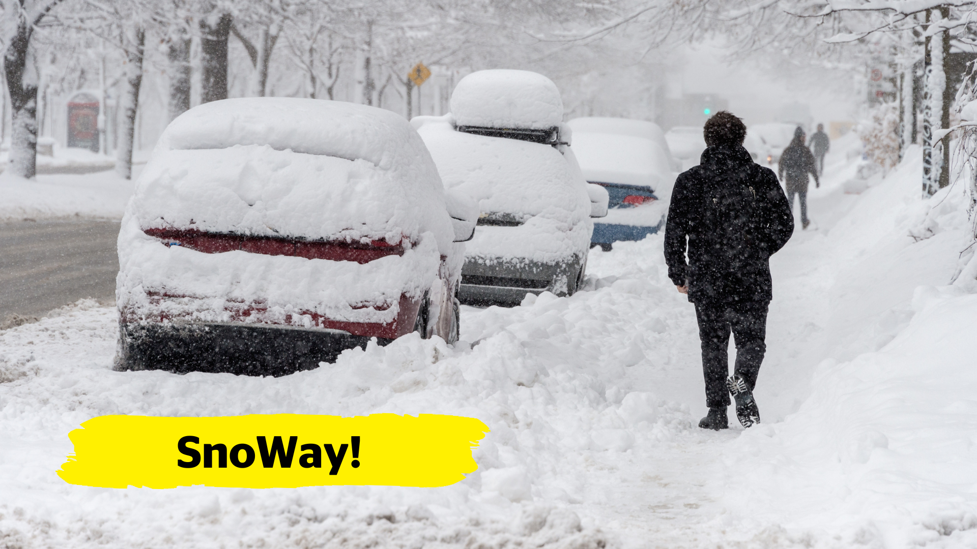 A residential street, sidewalks, and parked cars are covered in snow. A man walks down a snow-covered sidewalk.In the bottom left-hand corner of the image, there is a yellow banner overlay with the text “SnoWay!”