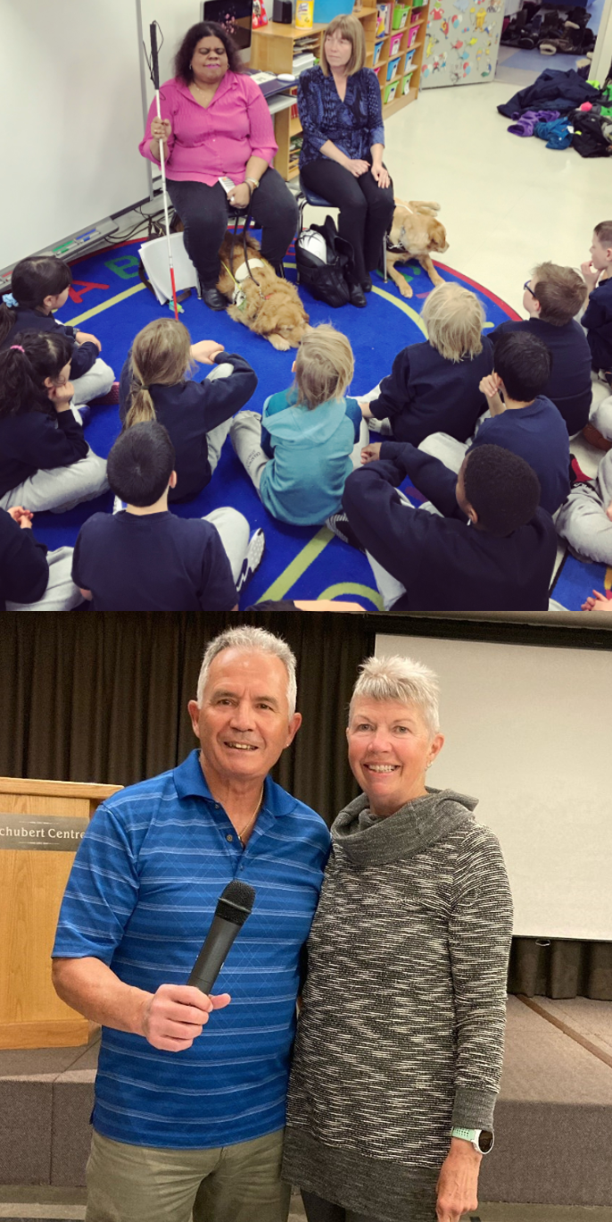 2 images. On the top, two Community engagement volunteers give a presentation in front of a classroom of young children. Below is an image of two other community engagement volunteers after a presentation on stage. They are holding a microphone.