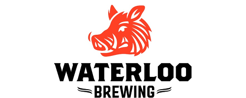 Waterloo Brewing logo. A cartoon illustration of a wild boar's head. Text: Waterloo Brewing.