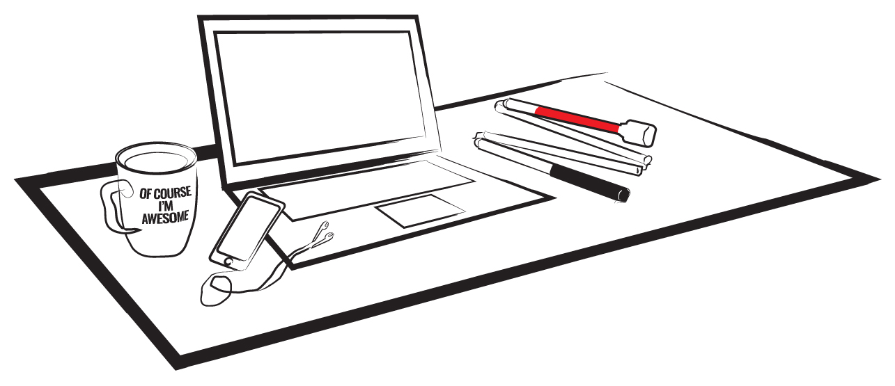 A cartoon drawing of a laptop sitting on top of a desk. To the right of the laptop is a white cane. To the left of the laptop is a coffee cup and a smartphone with earbuds. 