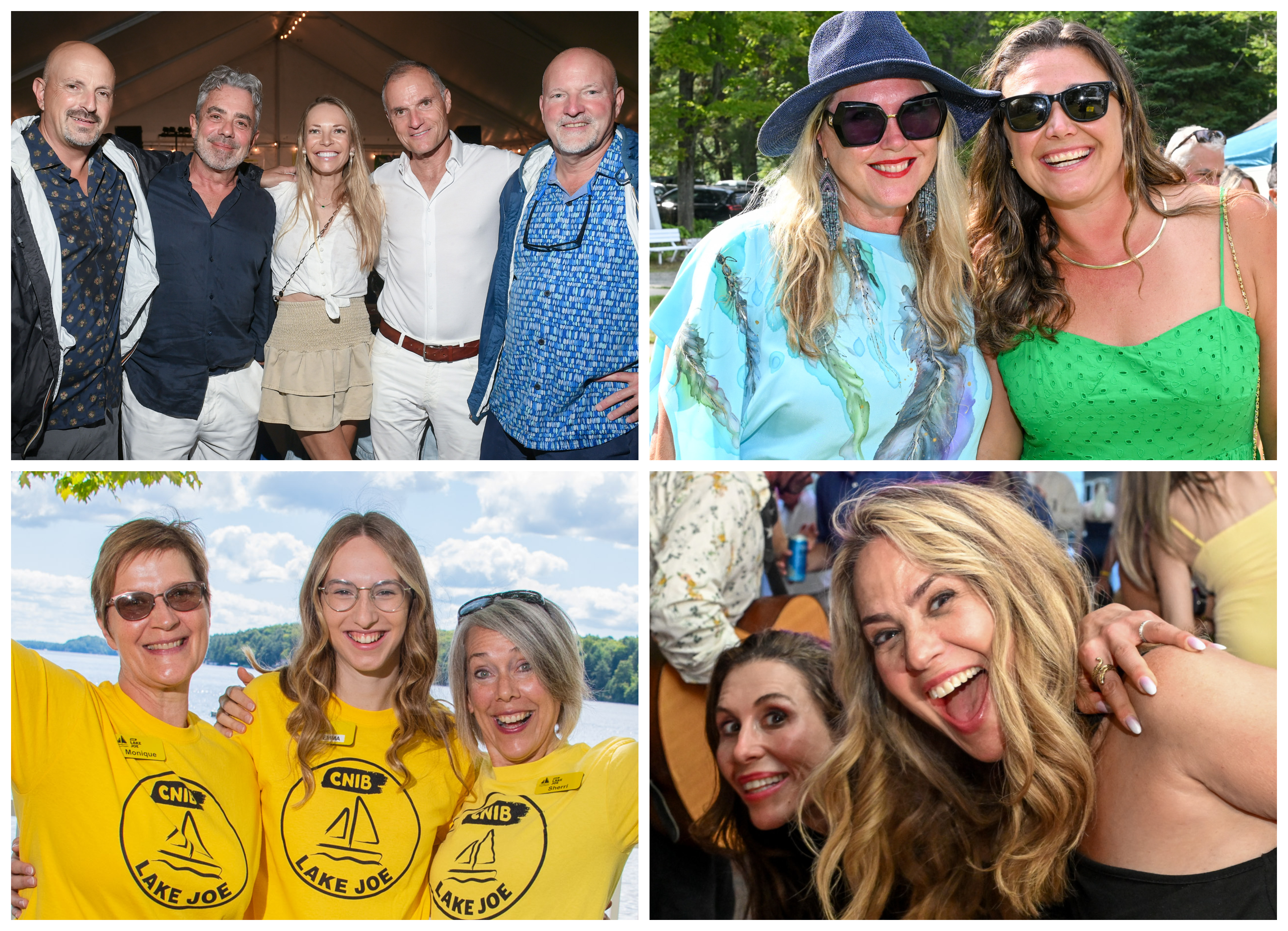 A collage of four photos showing groups of people smiling. They appear to be at outdoor and indoor gatherings, wearing casual and bright clothing.