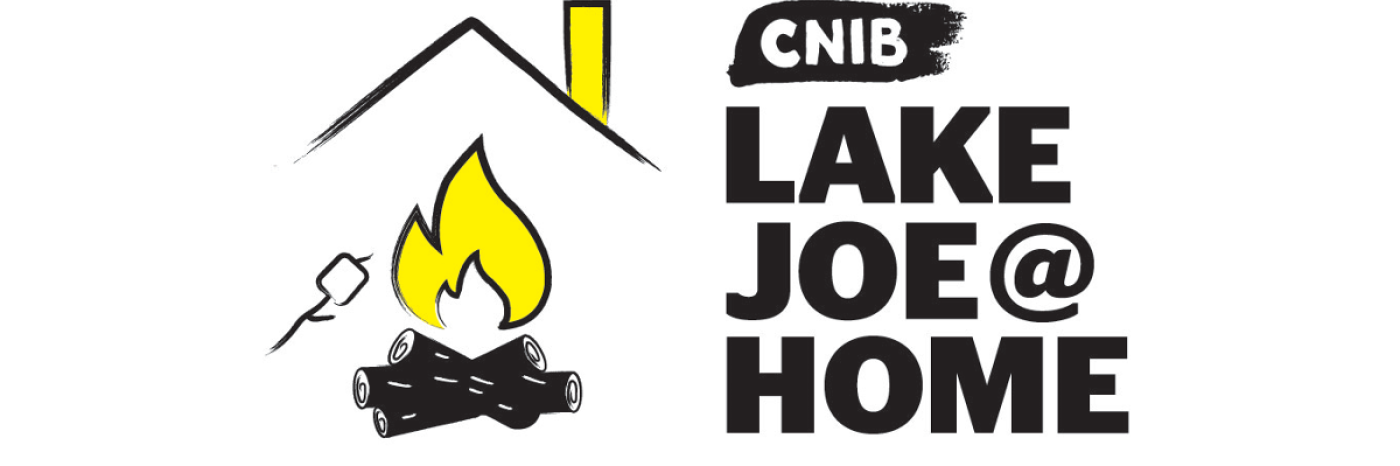 CNIB Lake Joe at Home logo. An illustration of a bonfire/roasting marshmallow sitting underneath an outline of a house/roof.  