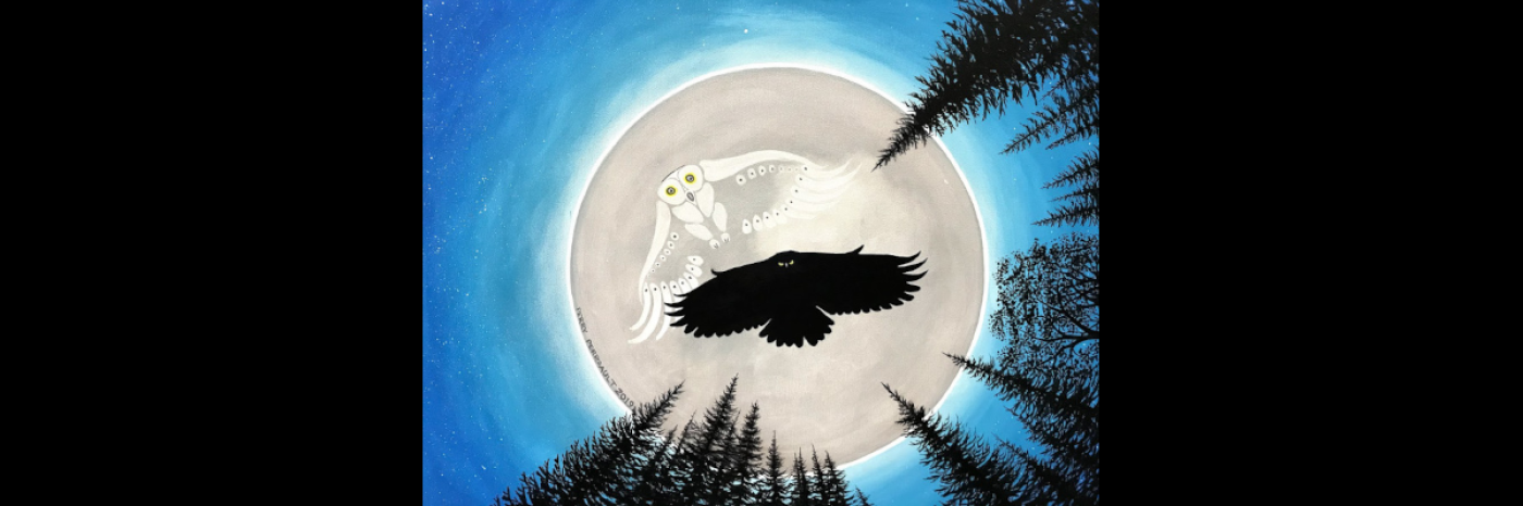 A painting by Perry Perrault of two owls, one black one white, flying high in the centre of a full moon in a blue night sky. Forest trees surround the moon.