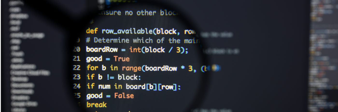 A computer screen displays an abstract algorithm concept/code. Lines of code (text) are visible under a magnifying lens.