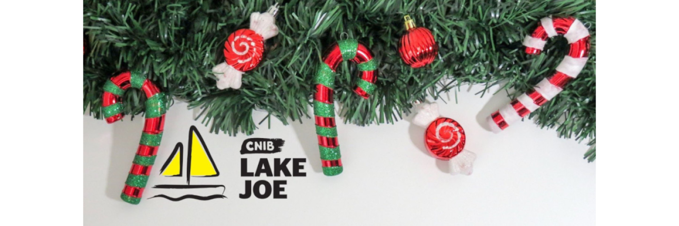 CNIB Lake Joe logo under a bough of evergreens with candy canes and ornaments.