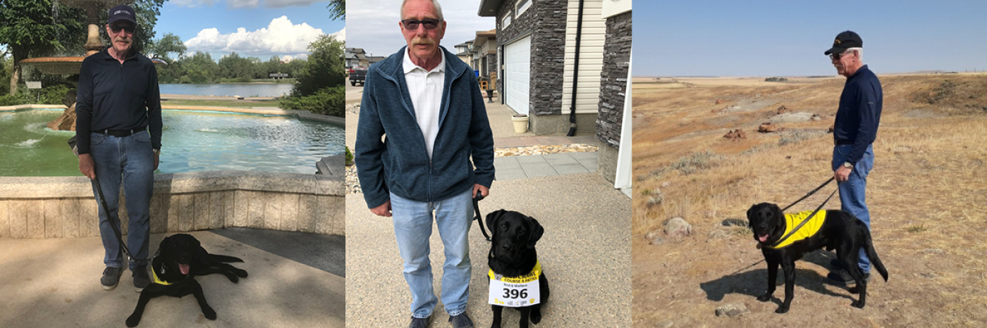 Rod standing in front of a water fountain in a park with Wallace laying on the ground in front of him; Rod stands in a driveway with Wallace sitting on the ground to his right; Rod stands with Wallace on a leash in a field.