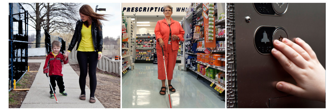 A collage of two photographs. Left, a young child holds his mother's hand and a white cane. He walks along a sidewalk. Right, an older woman has a white cane and walks down a pharmacy aisle. 