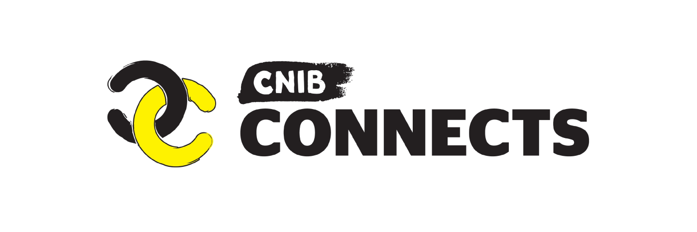 CNIB Connects logo. A graphic art illustration that simulates two of the letter c's connecting like a chain. A mirrored design, the backwards facing 'c' in black is linked up with a forward facing 'c' in a yellow. Text: CNIB Connects.