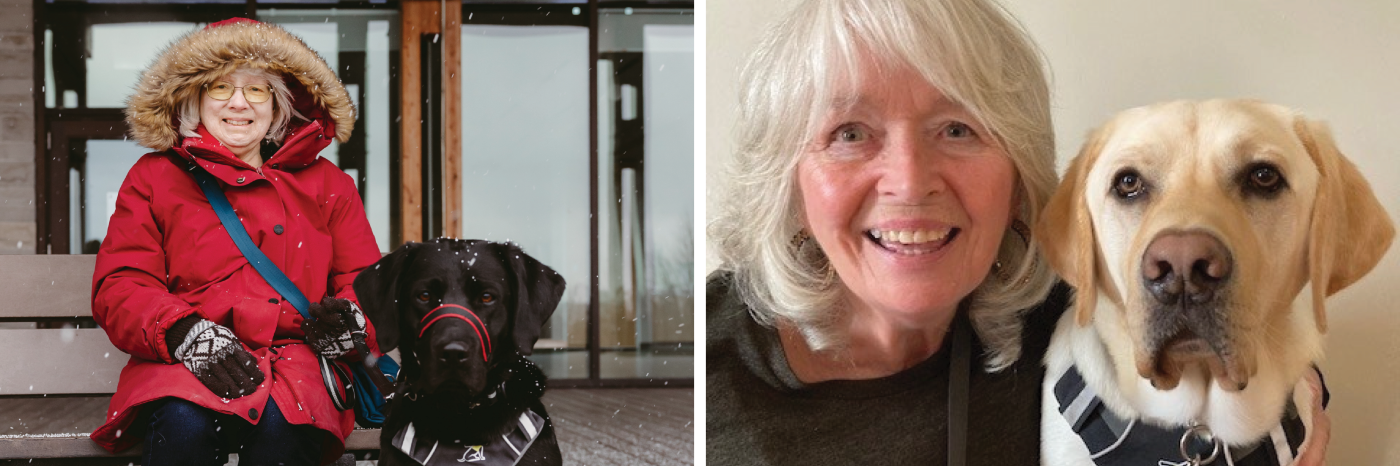 Two photos of graduating partnerships. Left: Cheri smiles and sits on a bench, and her guide dog, Sassy, sits on the pavement to her right. Sassy is a black dog in harness. It’s lightly snowing, and Cheri is wearing a red winter jacket and gloves. Right: Maxine and her guide dog, Symba, pose for a selfie together. Symba is a yellow dog in harness.