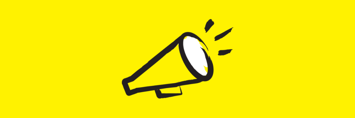 An illustration of a megaphone outlined in a black paintbrush-style design with yellow accents.