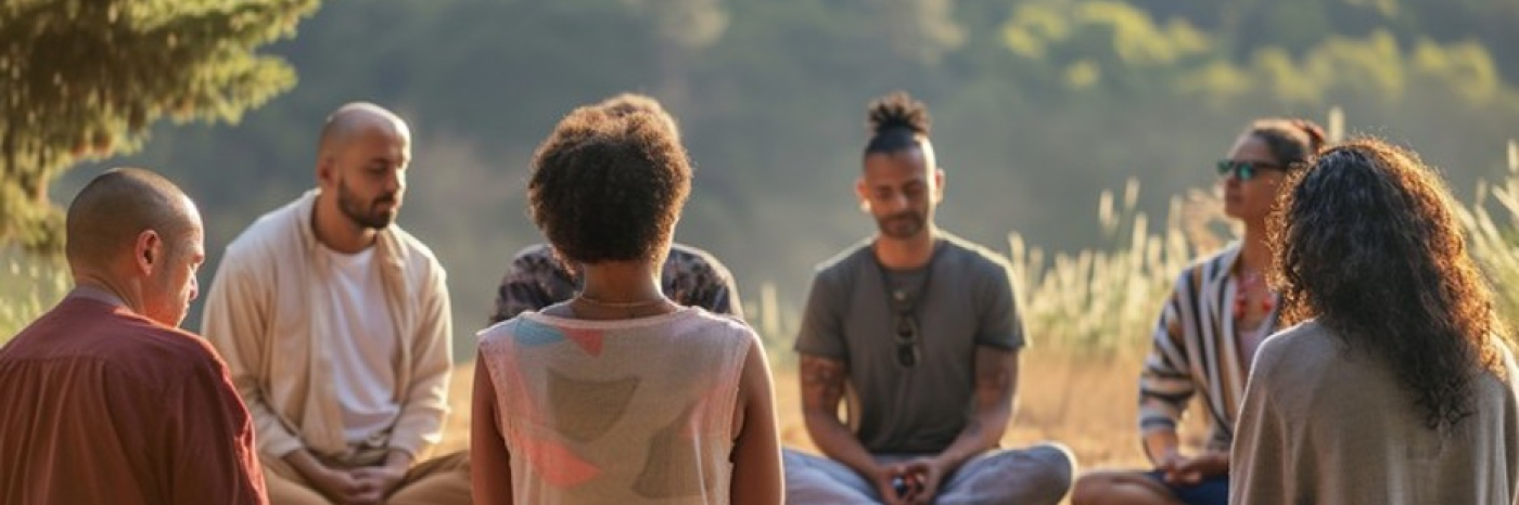A diverse group of adults sits in a circle outdoors on blankets in a peaceful natural setting. Surrounded by trees and tall grass, the is engaged in a meditation exercise.