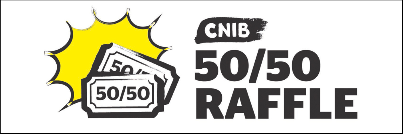 A yellow starburst, two tickets and the words "CNIB 50/50 Raffle".