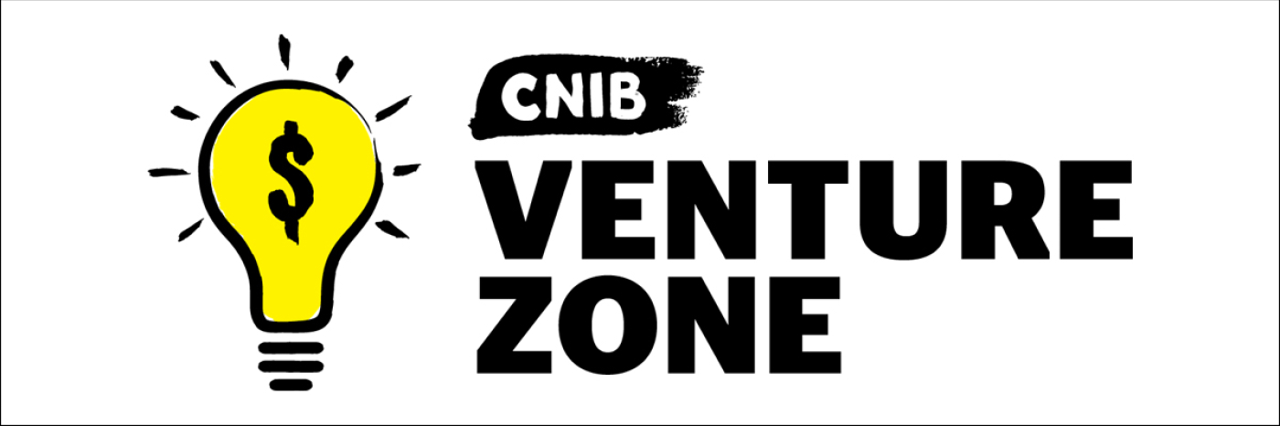 Illustration of the Venture Zone Game logo, which displays a bright yellow lightbulb with a dollar sign placed over it next to the words “CNIB Venture Zone”.