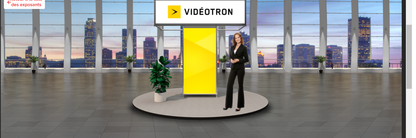 A lady avatar in front of Videotron virtual booth.
