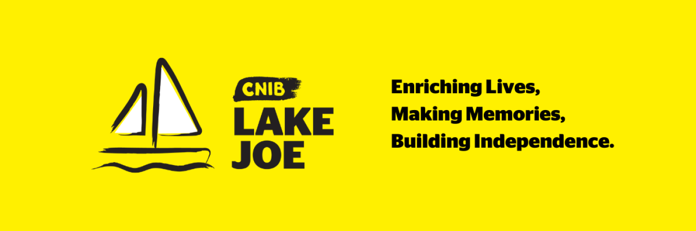 An illustration of a sailboat outlined in a black paintbrush style design. A dash of white paint appears on the boat sail. Text: CNIB Lake Joe. Enriching Lives, Making Memories, Building Independence. 