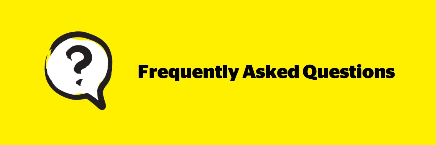 A yellow wallpaper with an illustration of a dialogue bubble outlined in a black paintbrush style design. Inside the bubble is a question mark icon. To the right of the icon is the text: Frequently Asked Questions