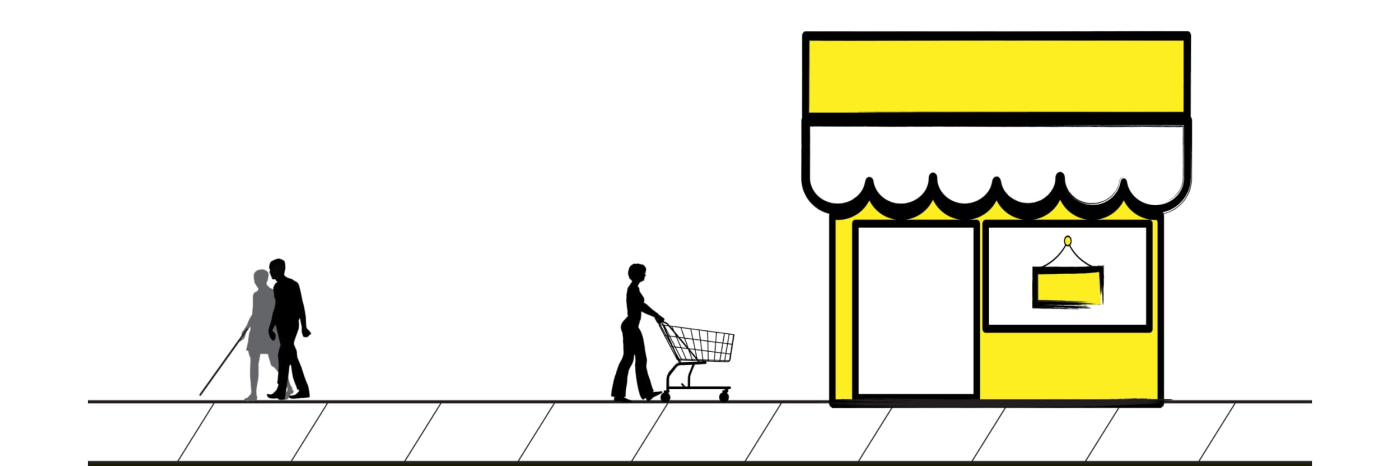A graphic art illustration of three people walking down a city sidewalk. One icon has a white cane and is accompanied by a person who is providing sighted guide. To the right of them is an icon of a woman pushing a shopping cart. The woman is entering a storefront.