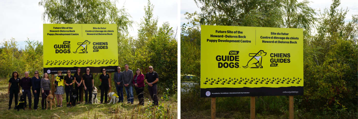 A group of 13 people, including CNIB Guide Dogs staff and municipal officials from the Town of Georgina, gather outdoors in rural Georgina to unveil signage for the future home of the Howard & Delores Beck Puppy Development Centre.