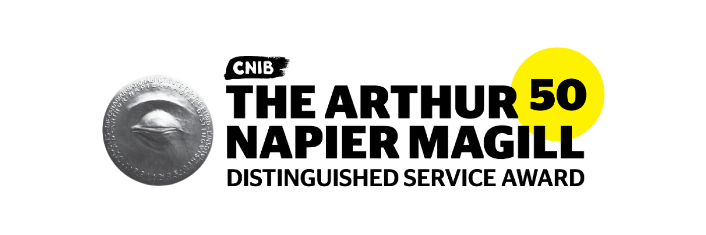 The CNIB Arthur Napier Magill Distinguished Service Award. A black and white image of the physical medallion which has a closed eye design. A yellow 50 appears on the right, signifying the 50th presentation of the award.
